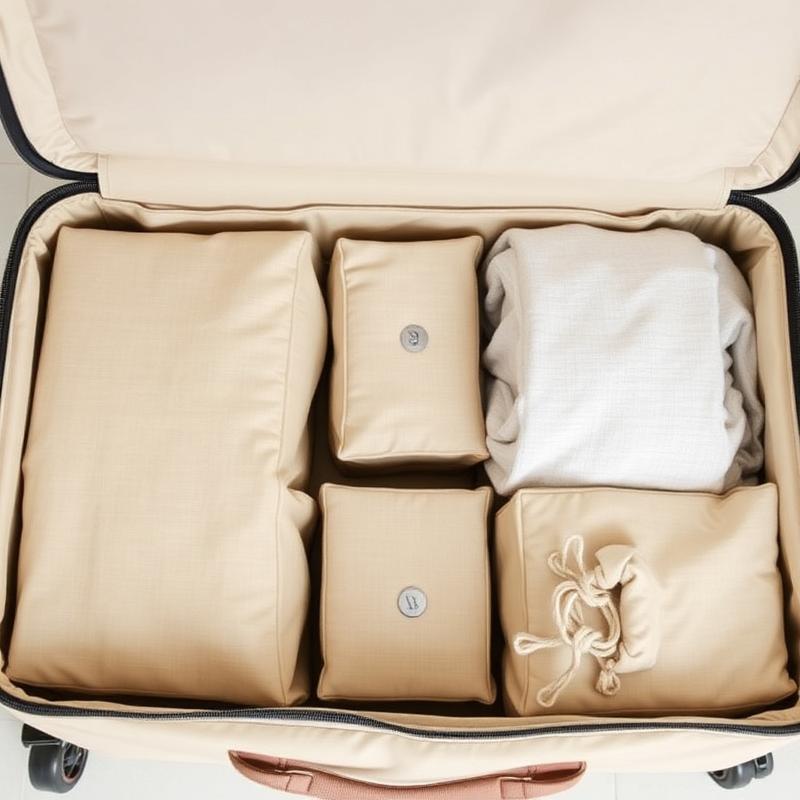 Beige packing cubes inside an open suitcase