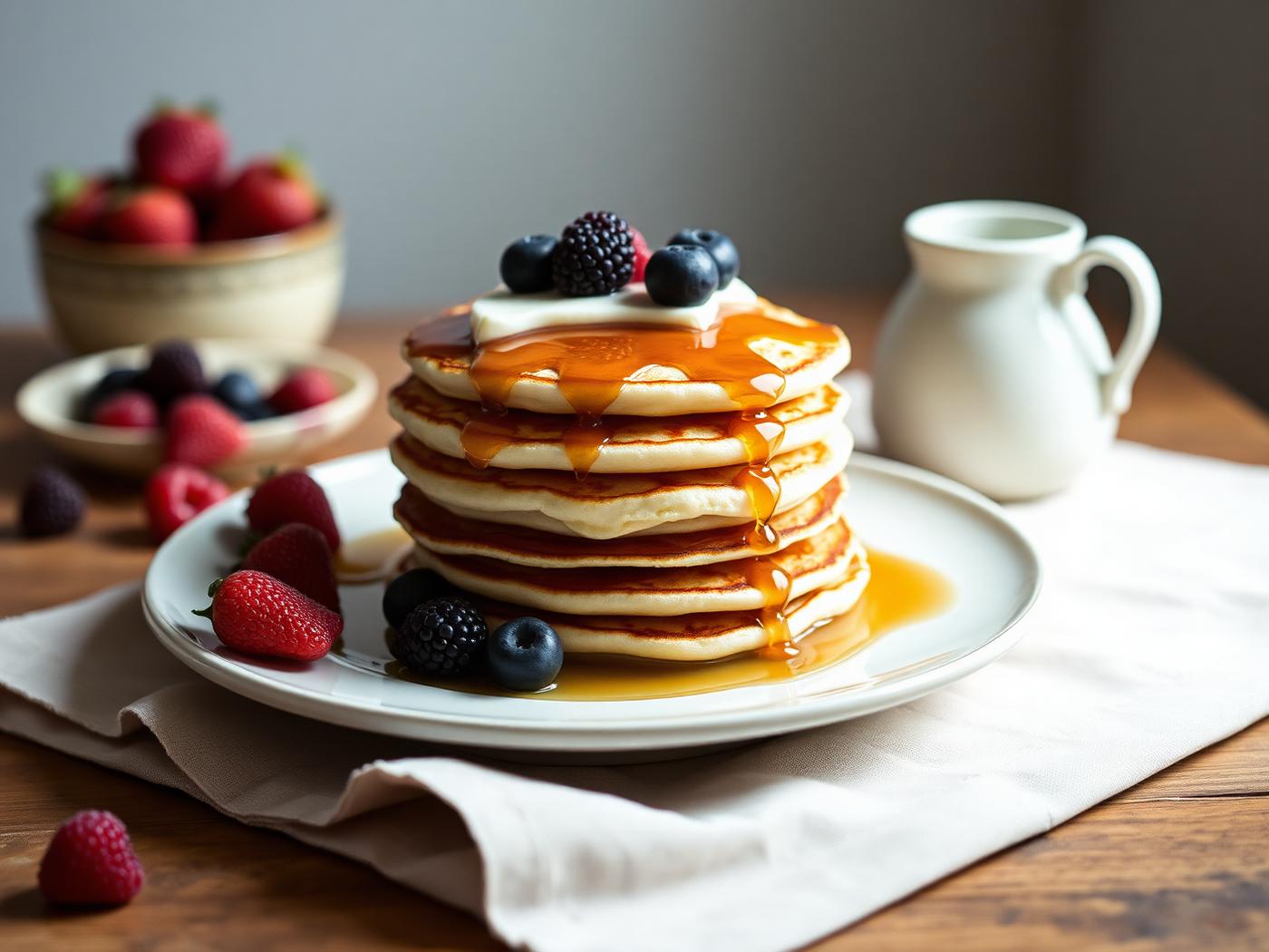Stack of protein pancakes with berries and maple syrup