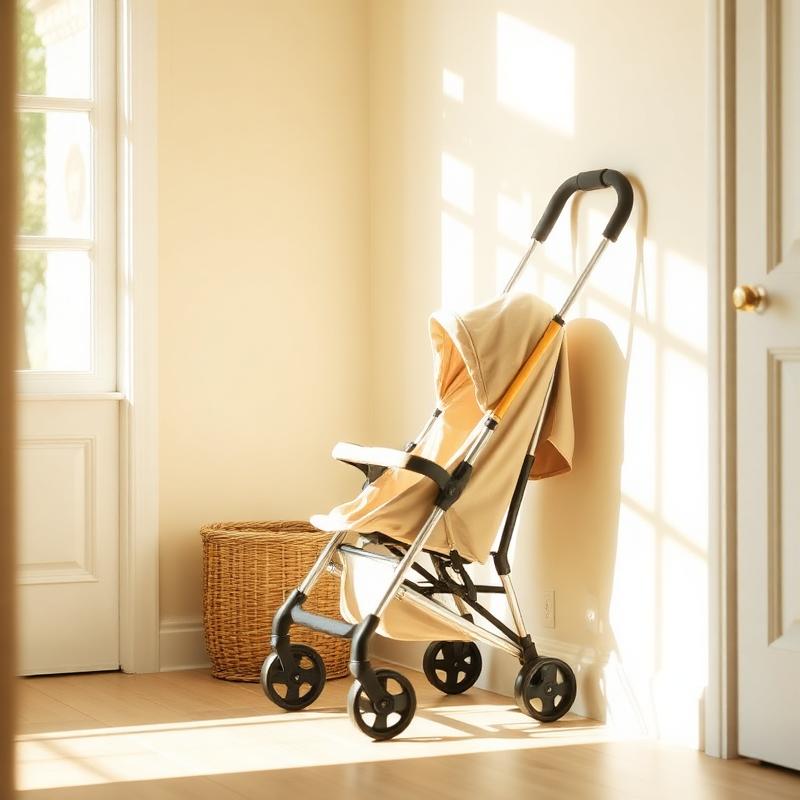Folded compact stroller in a sunlit entryway