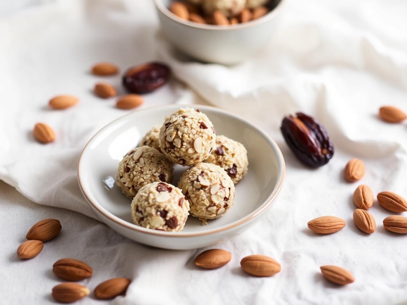 No-bake almond date bites on a small ceramic plate