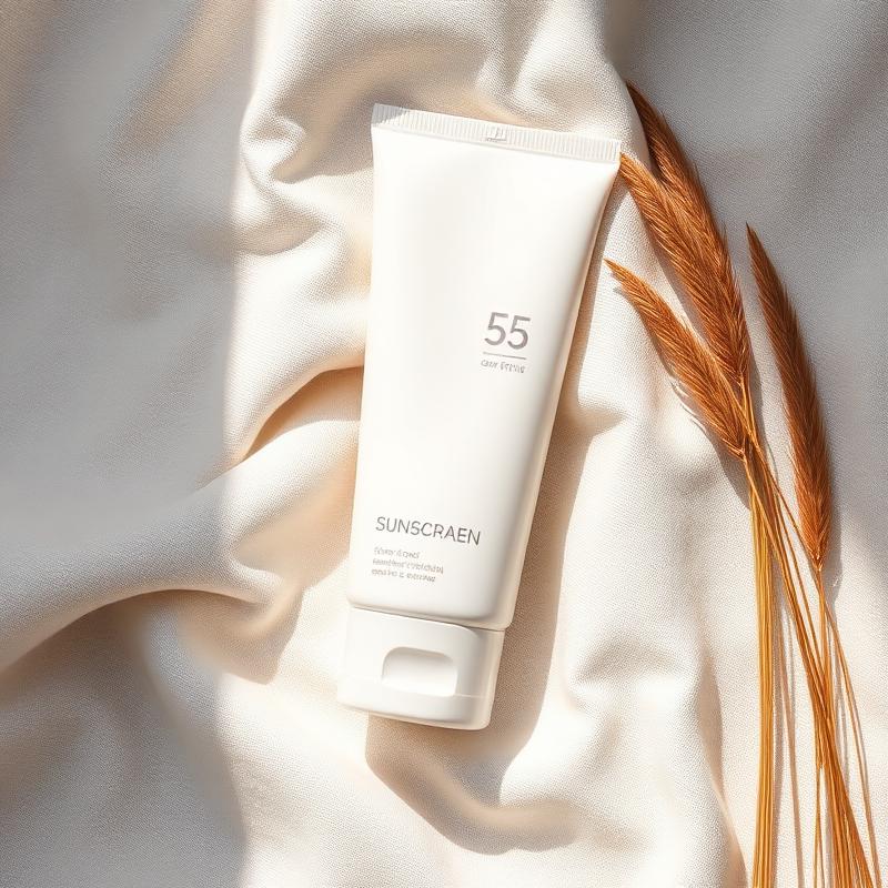 White sunscreen tube on cream fabric