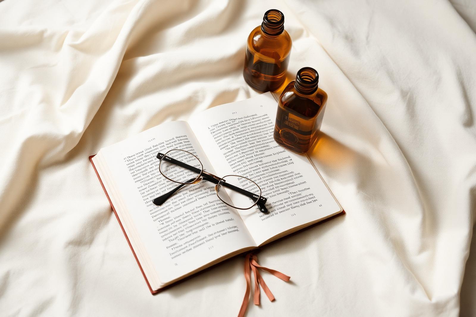 Open book, reading glasses and amber glass bottles on cream linen