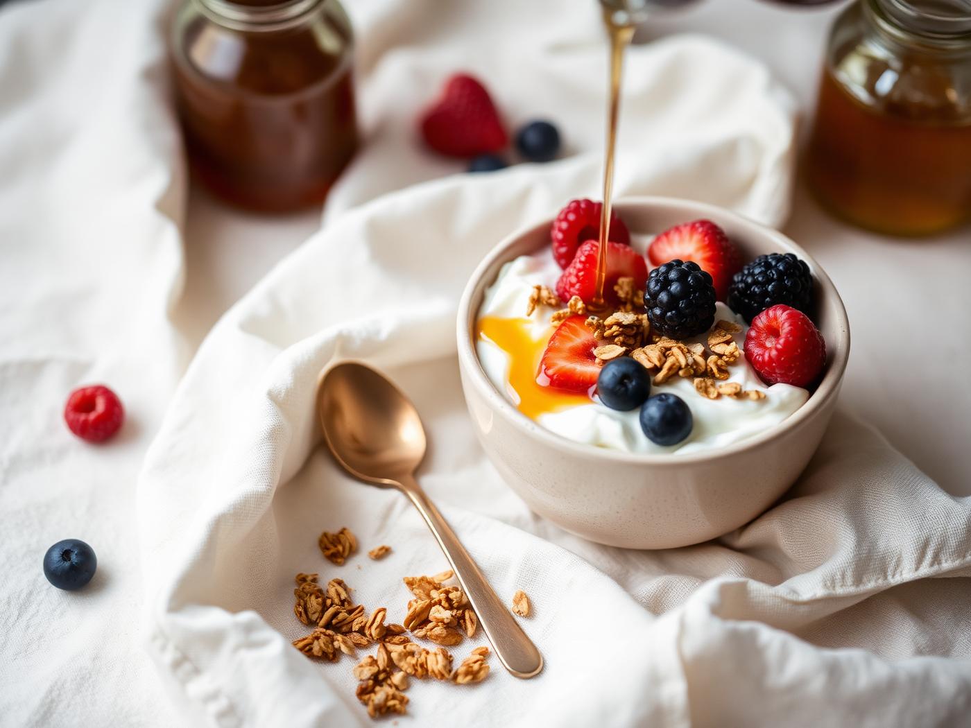 Greek yogurt bowl with berries, granola and honey