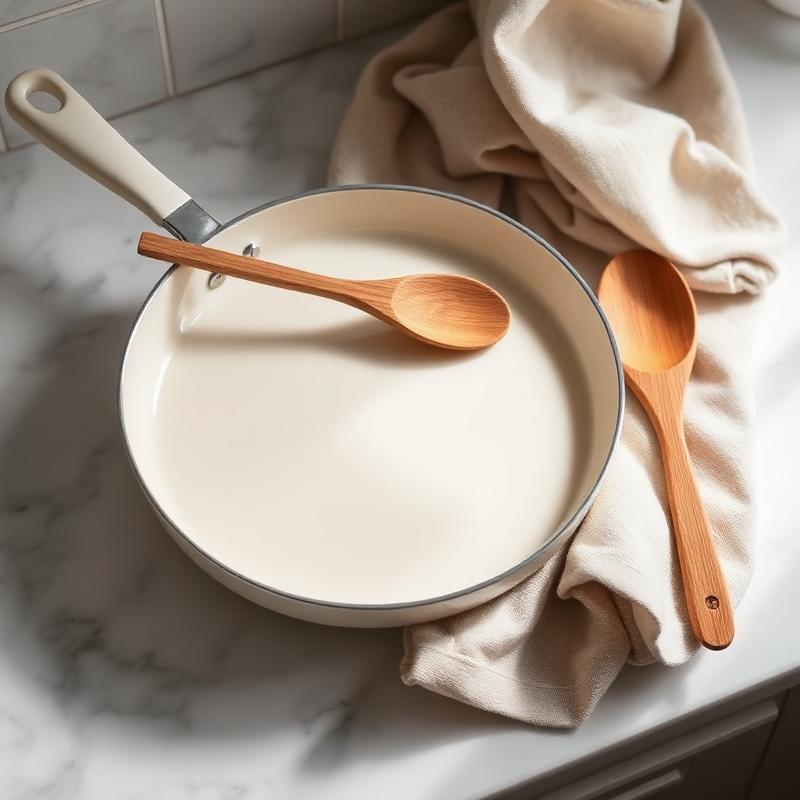 Cream ceramic skillet with a wooden spoon on marble