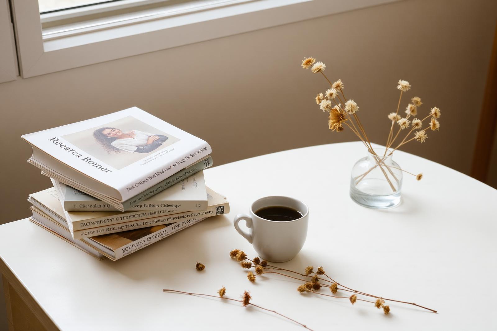 Stack of books, coffee and dried florals on an ivory table