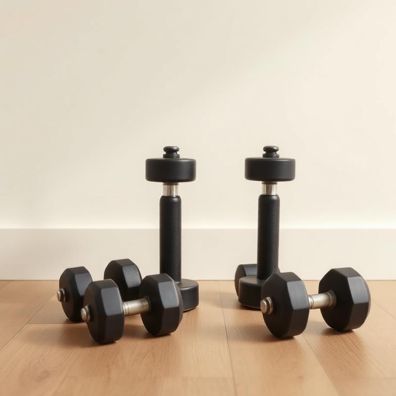 Adjustable dumbbells on a light oak floor