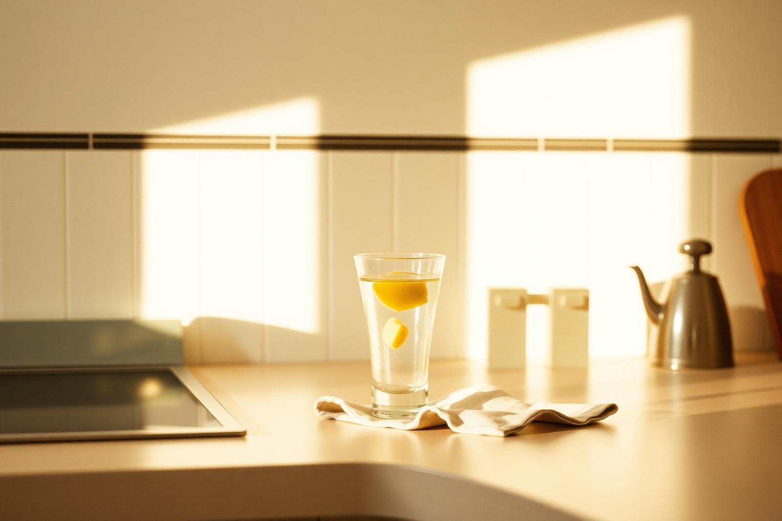 Sunlit kitchen counter with a glass of lemon water and linen napkin